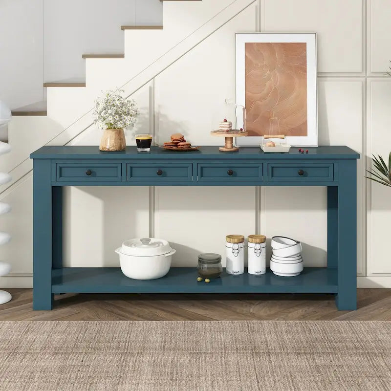 Tavolino consolle rustico blu scuro / marrone chiaro / bianco antico con 4 cassetti e ripiano inferiore, montaggio per 1 persona
