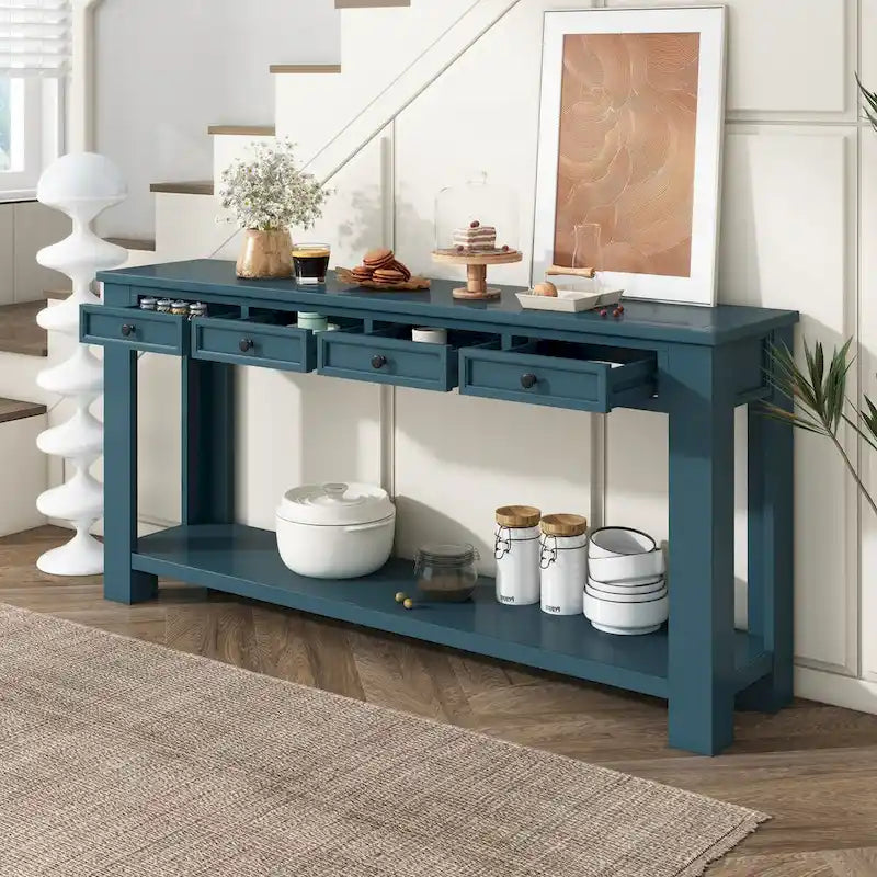 Tavolino consolle rustico blu scuro / marrone chiaro / bianco antico con 4 cassetti e ripiano inferiore, montaggio per 1 persona