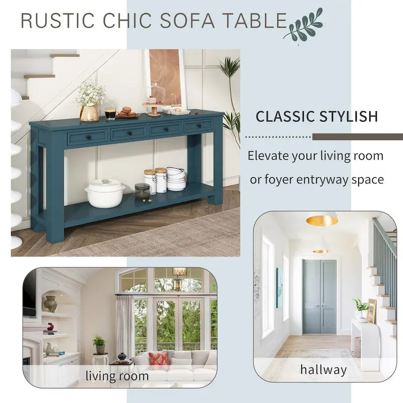 Tavolino consolle rustico blu scuro / marrone chiaro / bianco antico con 4 cassetti e ripiano inferiore, montaggio per 1 persona