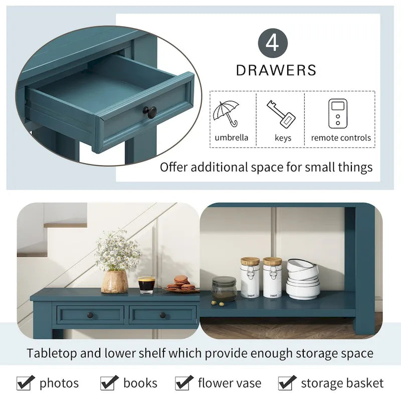 Tavolino consolle rustico blu scuro / marrone chiaro / bianco antico con 4 cassetti e ripiano inferiore, montaggio per 1 persona