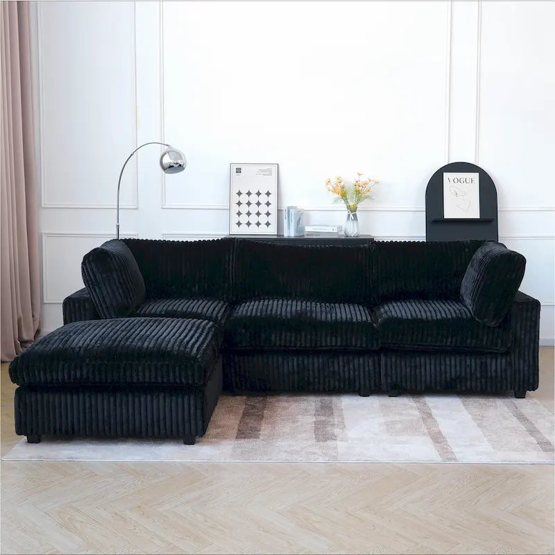 Divano componibile a L in poliestere nero/beige/marrone scuro/bianco con pouf, 3-4 posti