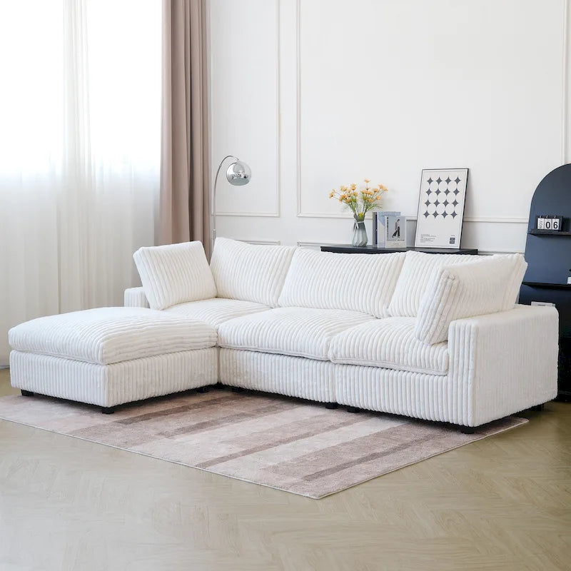 Divano componibile a L in poliestere nero/beige/marrone scuro/bianco con pouf, 3-4 posti