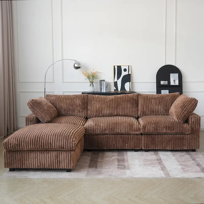Divano componibile a L in poliestere nero/beige/marrone scuro/bianco con pouf, 3-4 posti