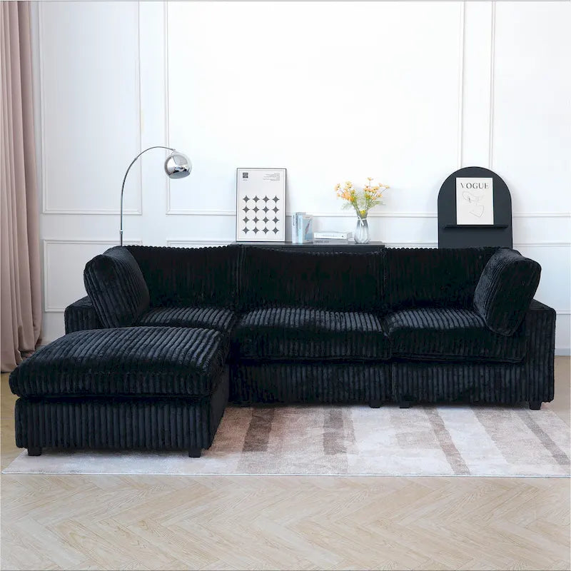 Divano componibile a L in poliestere nero/beige/marrone scuro/bianco con pouf, 3-4 posti