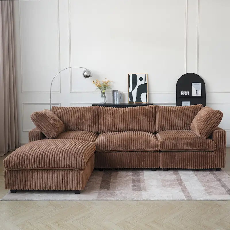 Divano componibile a L in poliestere nero/beige/marrone scuro/bianco con pouf, 3-4 posti