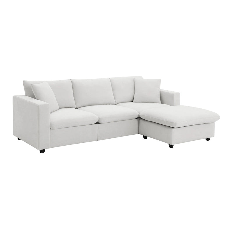 Divano componibile a L in poliestere nero/beige/marrone scuro/bianco con pouf, 3-4 posti
