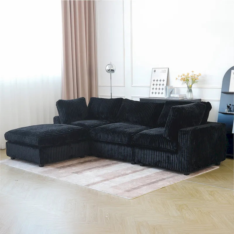 Divano componibile a L in poliestere nero/beige/marrone scuro/bianco con pouf, 3-4 posti