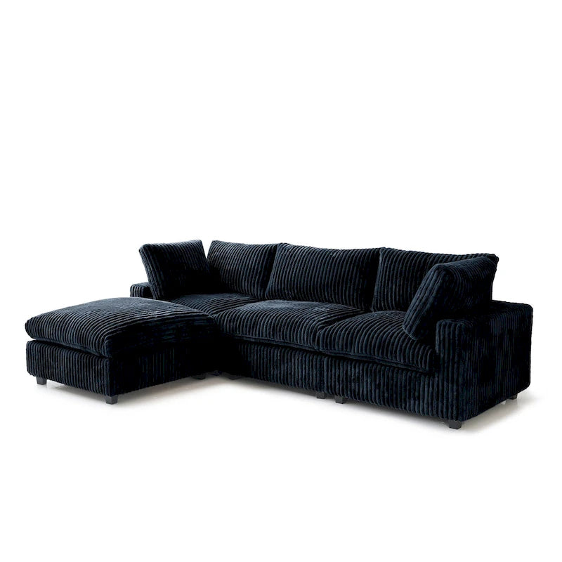 Divano componibile a L in poliestere nero/beige/marrone scuro/bianco con pouf, 3-4 posti