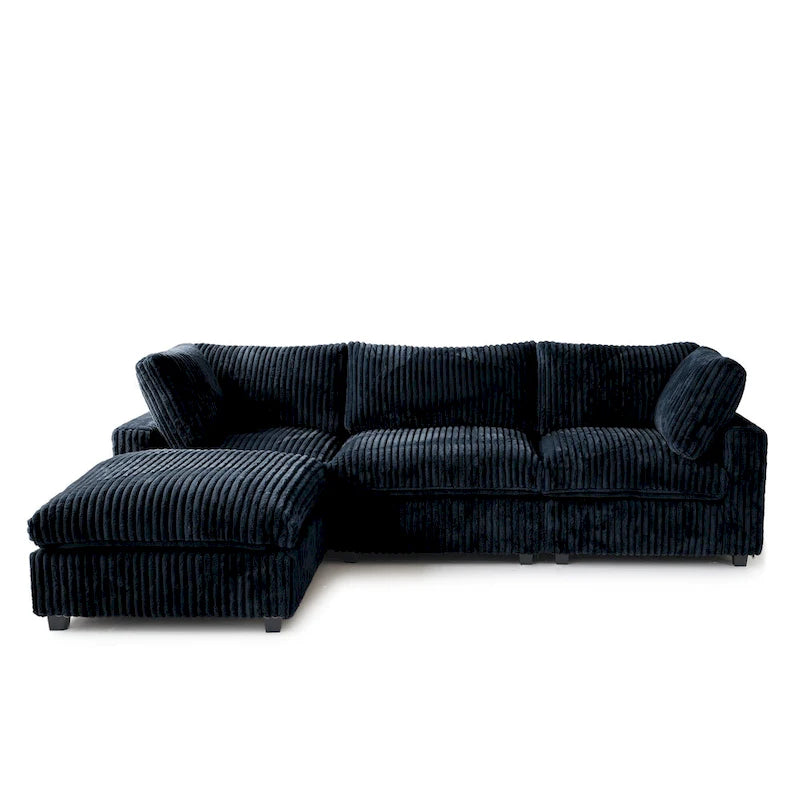 Divano componibile a L in poliestere nero/beige/marrone scuro/bianco con pouf, 3-4 posti