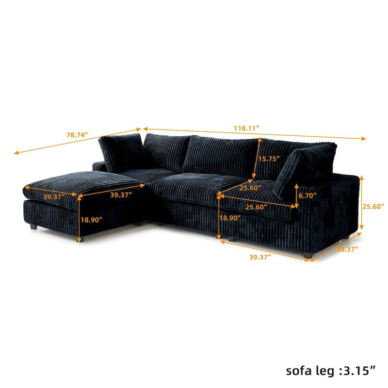Divano componibile a L in poliestere nero/beige/marrone scuro/bianco con pouf, 3-4 posti