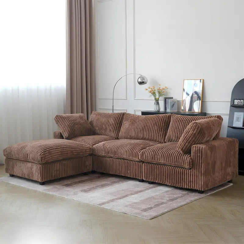 Divano componibile a L in poliestere nero/beige/marrone scuro/bianco con pouf, 3-4 posti
