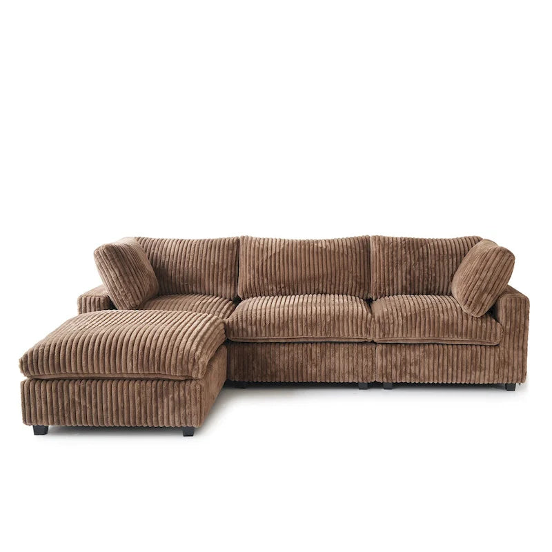 Divano componibile a L in poliestere nero/beige/marrone scuro/bianco con pouf, 3-4 posti
