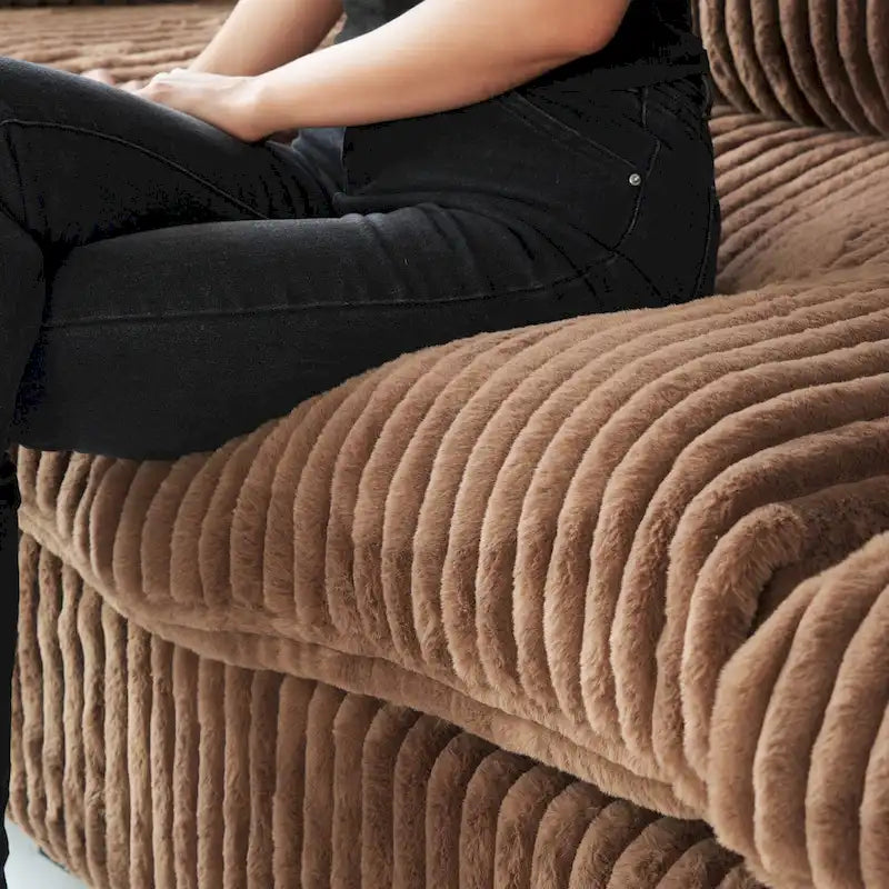 Divano componibile a L in poliestere nero/beige/marrone scuro/bianco con pouf, 3-4 posti