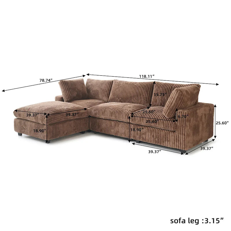Divano componibile a L in poliestere nero/beige/marrone scuro/bianco con pouf, 3-4 posti