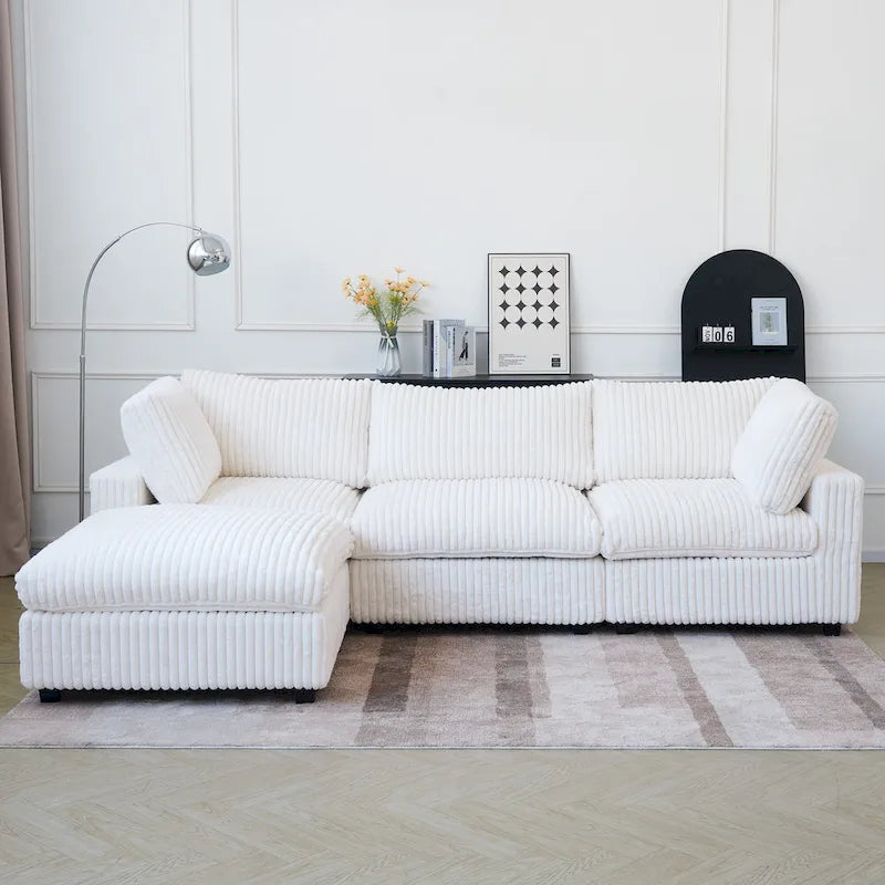 Divano componibile a L in poliestere nero/beige/marrone scuro/bianco con pouf, 3-4 posti