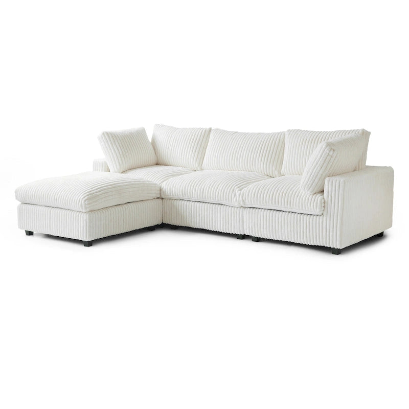 Divano componibile a L in poliestere nero/beige/marrone scuro/bianco con pouf, 3-4 posti