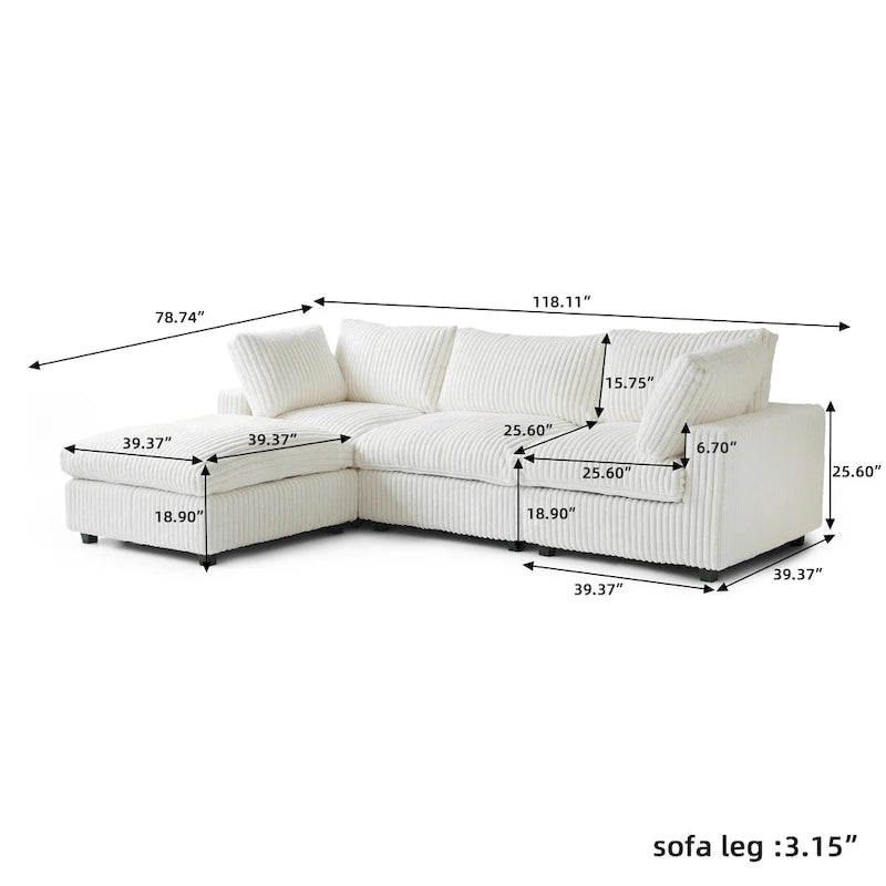 Divano componibile a L in poliestere nero/beige/marrone scuro/bianco con pouf, 3-4 posti