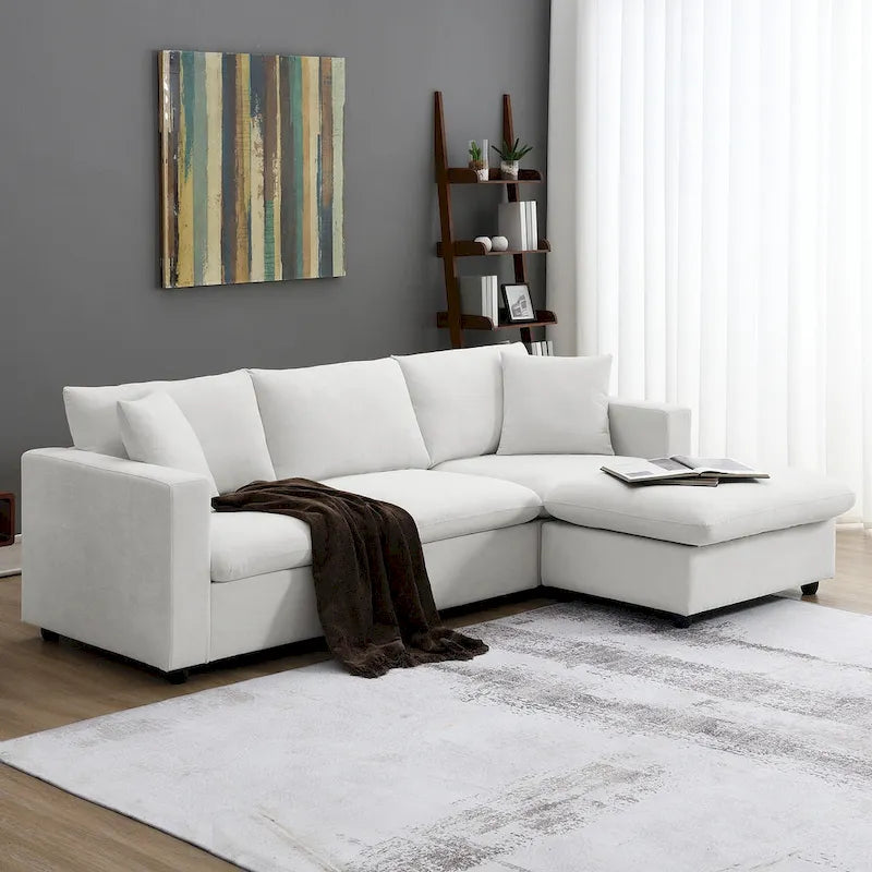 Divano componibile a L in poliestere nero/beige/marrone scuro/bianco con pouf, 3-4 posti