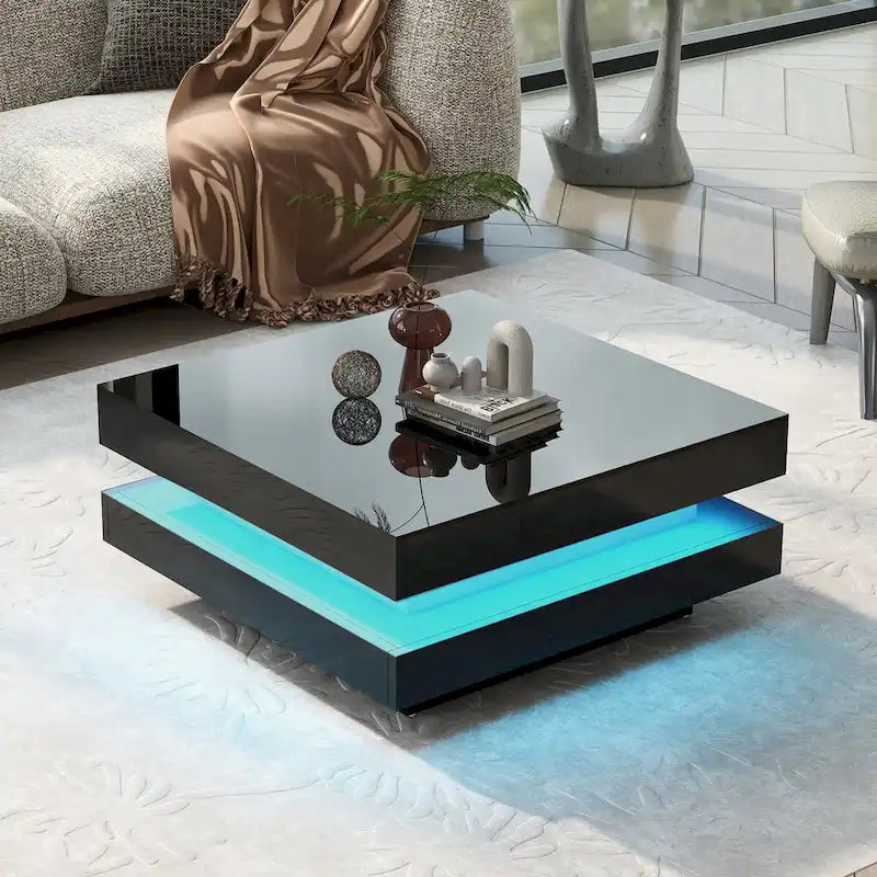 Tavolino da caffè quadrato a 2 ripiani nero/bianco lucido con luci LED, per 1 persona