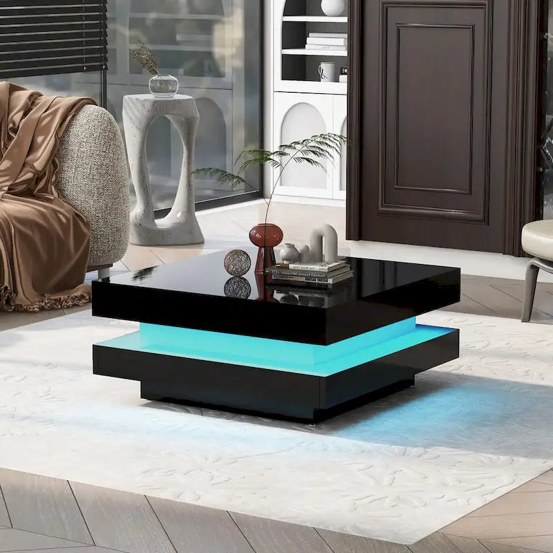 Tavolino da caffè quadrato a 2 ripiani nero/bianco lucido con luci LED, per 1 persona