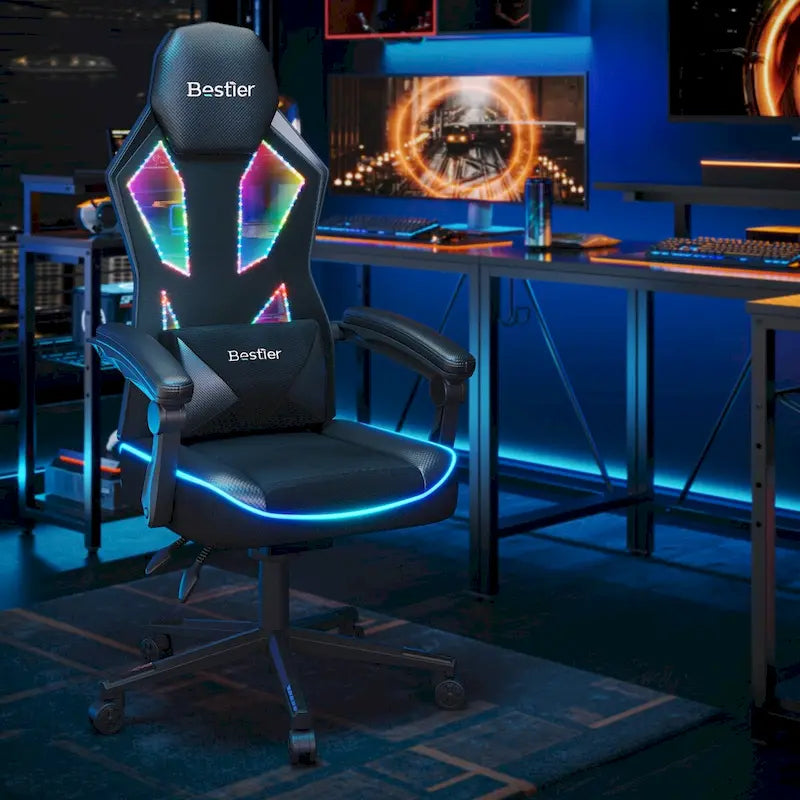 Sedia da gaming con LED RGB, singolo sedile reclinabile, in tessuto ventilato, colore rosso/nero e nero