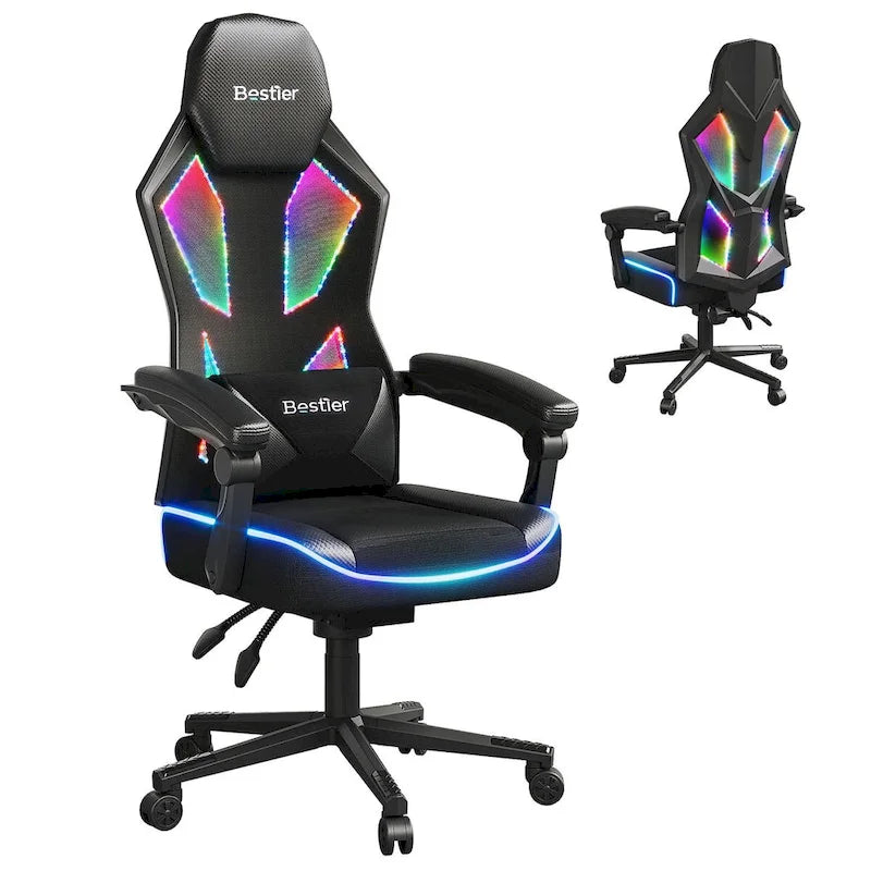 Sedia da gaming con LED RGB, singolo sedile reclinabile, in tessuto ventilato, colore rosso/nero e nero
