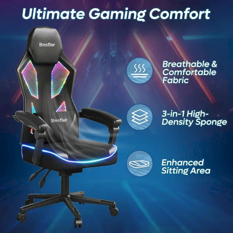 Sedia da gaming con LED RGB, singolo sedile reclinabile, in tessuto ventilato, colore rosso/nero e nero