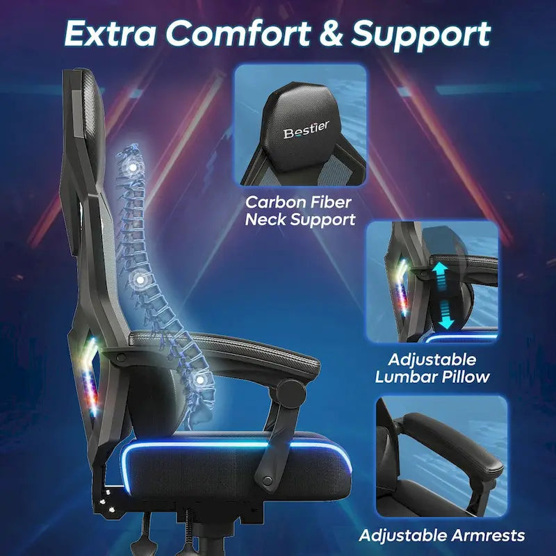 Sedia da gaming con LED RGB, singolo sedile reclinabile, in tessuto ventilato, colore rosso/nero e nero