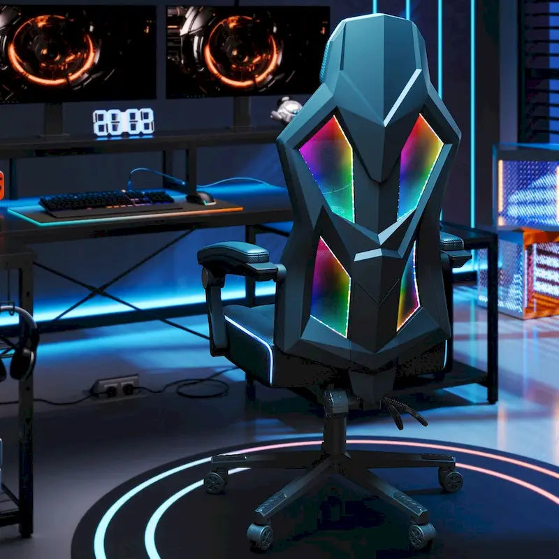Sedia da gaming con LED RGB, singolo sedile reclinabile, in tessuto ventilato, colore rosso/nero e nero