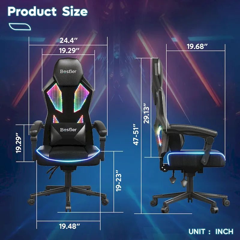 Sedia da gaming con LED RGB, singolo sedile reclinabile, in tessuto ventilato, colore rosso/nero e nero