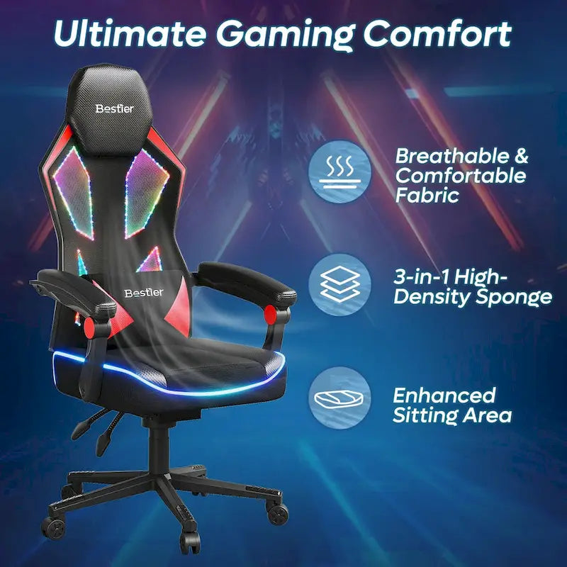 Sedia da gaming con LED RGB, singolo sedile reclinabile, in tessuto ventilato, colore rosso/nero e nero