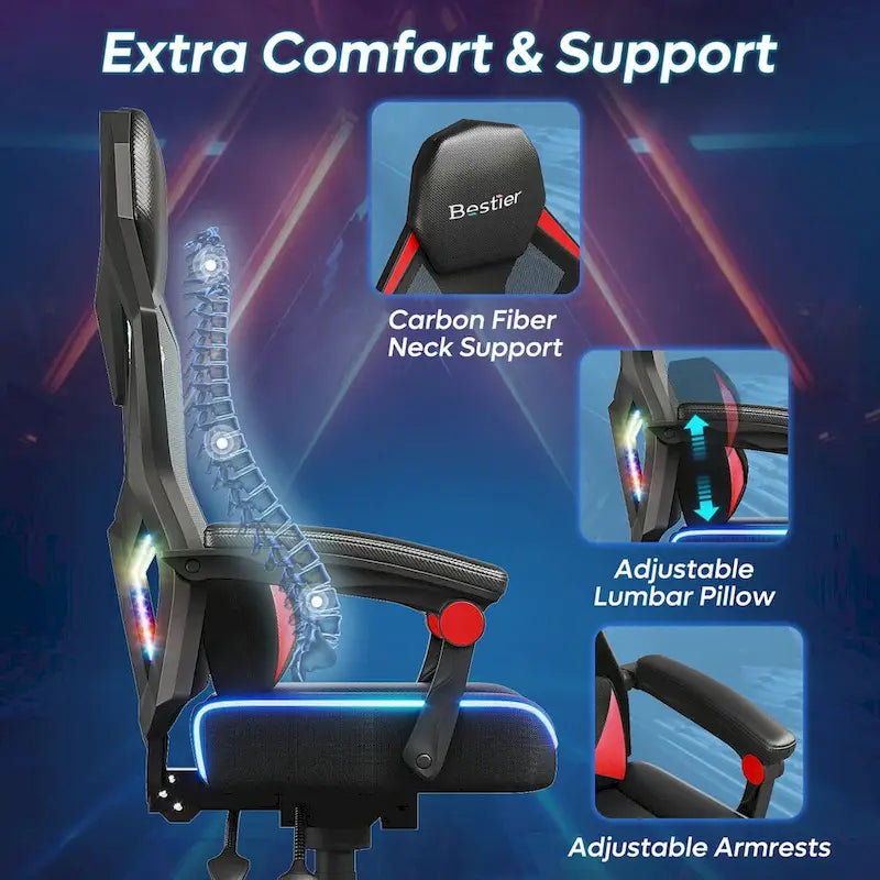 Sedia da gaming con LED RGB, singolo sedile reclinabile, in tessuto ventilato, colore rosso/nero e nero