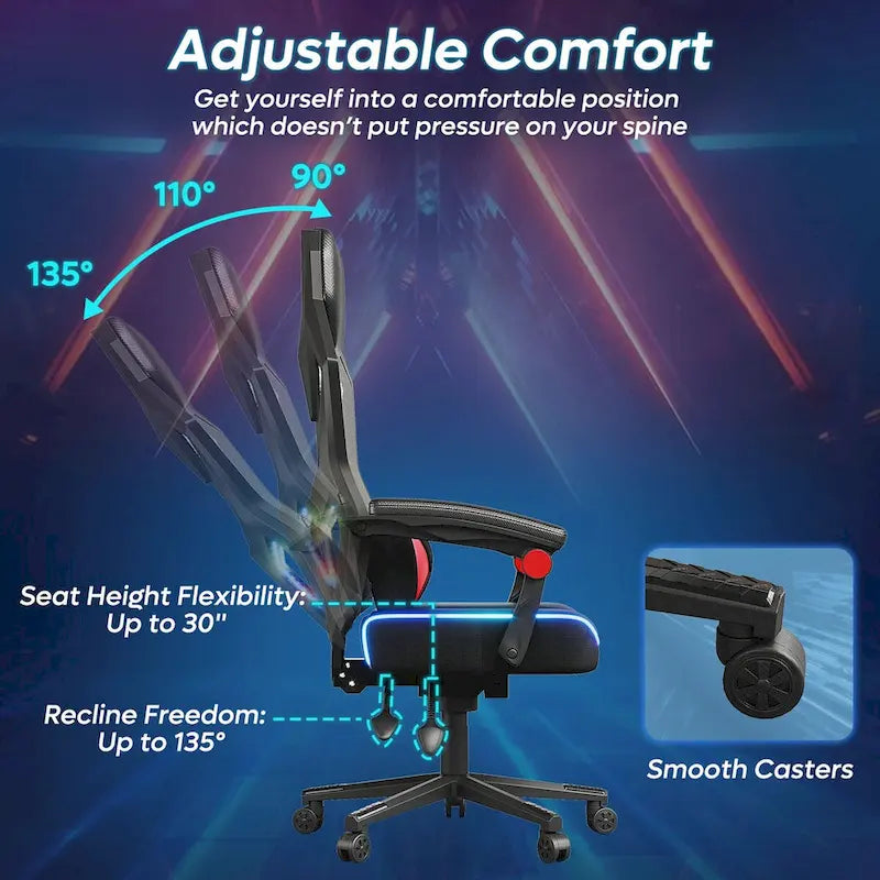 Sedia da gaming con LED RGB, singolo sedile reclinabile, in tessuto ventilato, colore rosso/nero e nero
