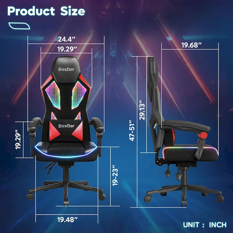 Sedia da gaming con LED RGB, singolo sedile reclinabile, in tessuto ventilato, colore rosso/nero e nero