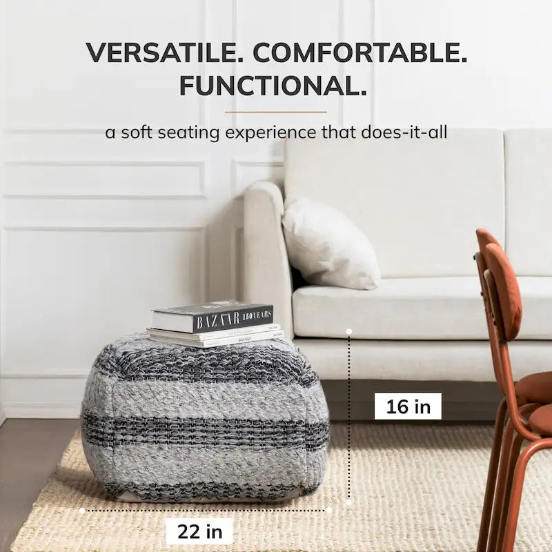 Pouf/ottoman quadrato a righe grigie, tessuto a mano, 1 posto