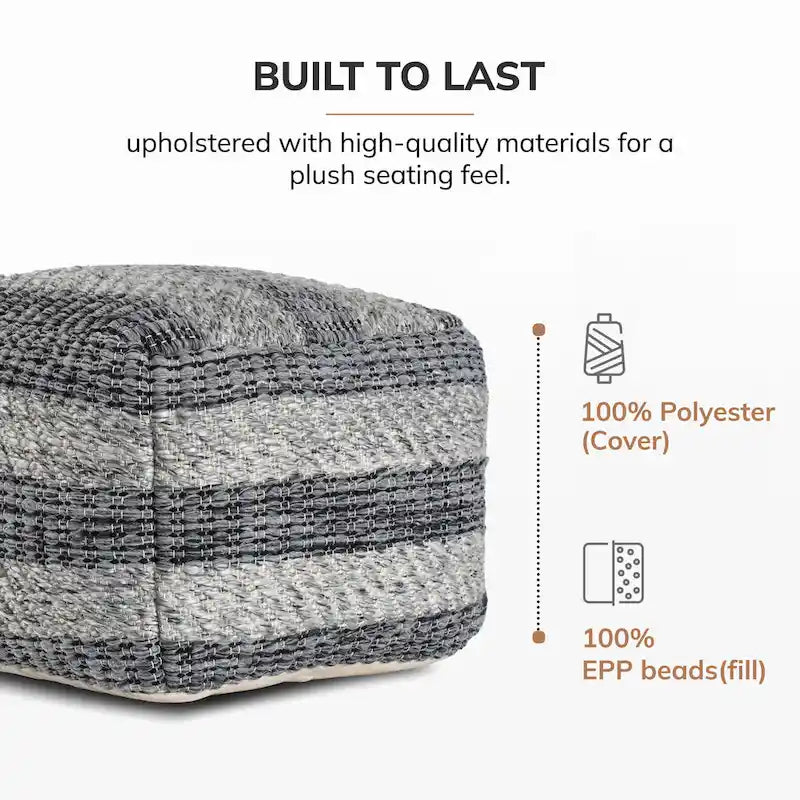 Pouf/ottoman quadrato a righe grigie, tessuto a mano, 1 posto