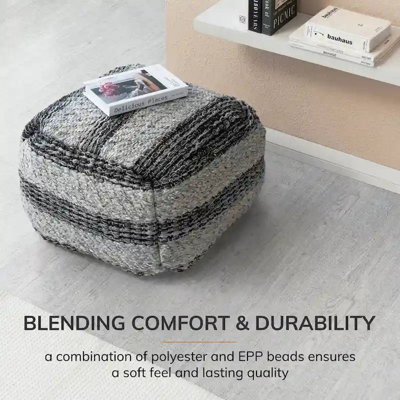 Pouf/ottoman quadrato a righe grigie, tessuto a mano, 1 posto