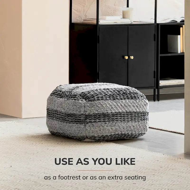 Pouf/ottoman quadrato a righe grigie, tessuto a mano, 1 posto