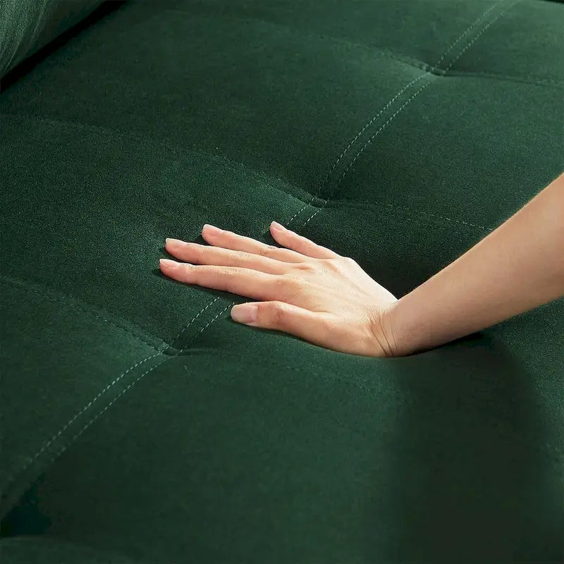 Divano letto angolare a L in velluto verde con contenitore, 3 posti
