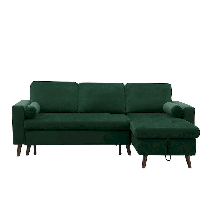 Divano letto angolare a L in velluto verde con contenitore, 3 posti