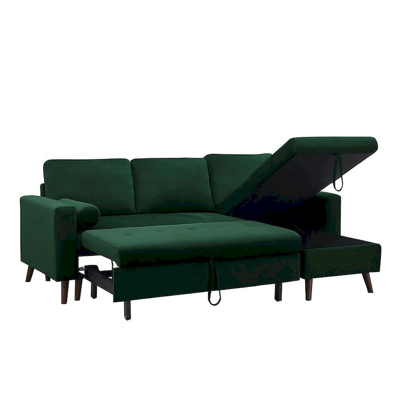 Divano letto angolare a L in velluto verde con contenitore, 3 posti