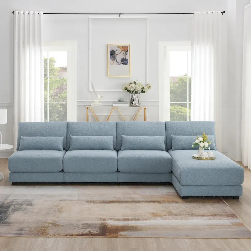 Divano componibile oversize con seduta profonda e chaise longue reversibile, divano a L convertibile, blu
