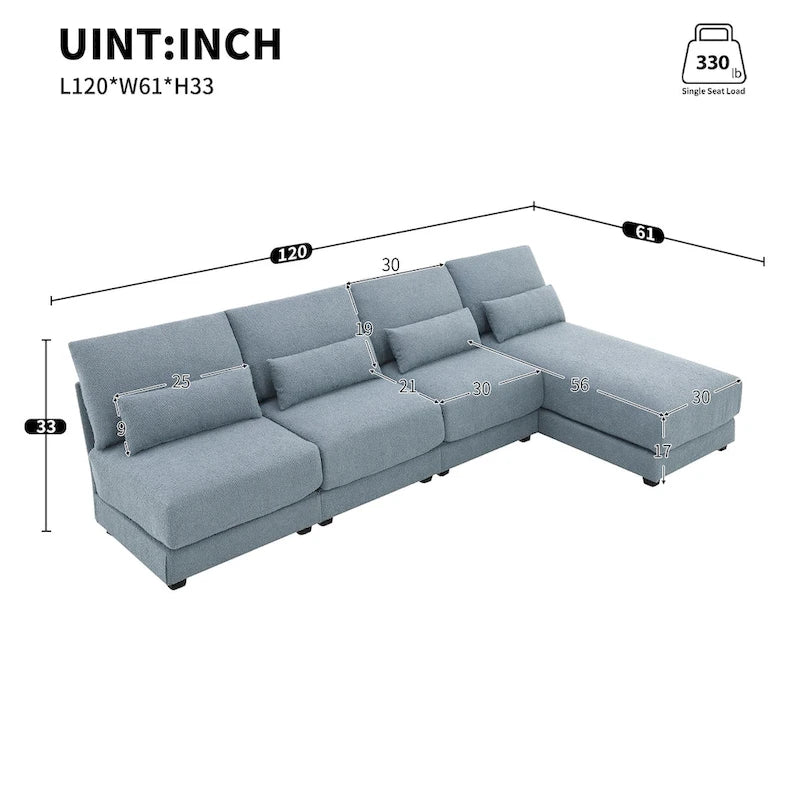 Divano componibile oversize con seduta profonda e chaise longue reversibile, divano a L convertibile, blu