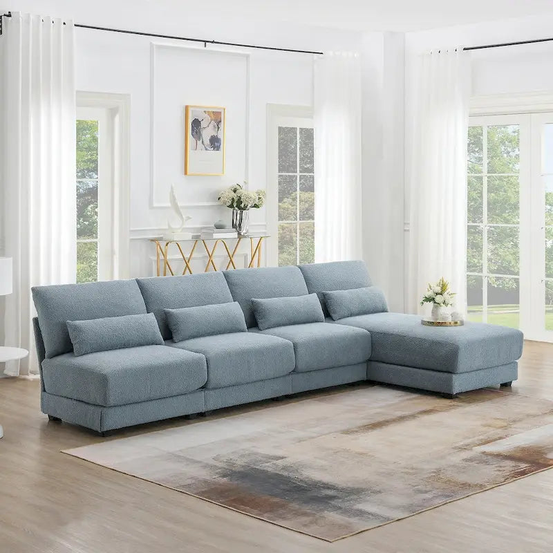 Divano componibile oversize con seduta profonda e chaise longue reversibile, divano a L convertibile, blu