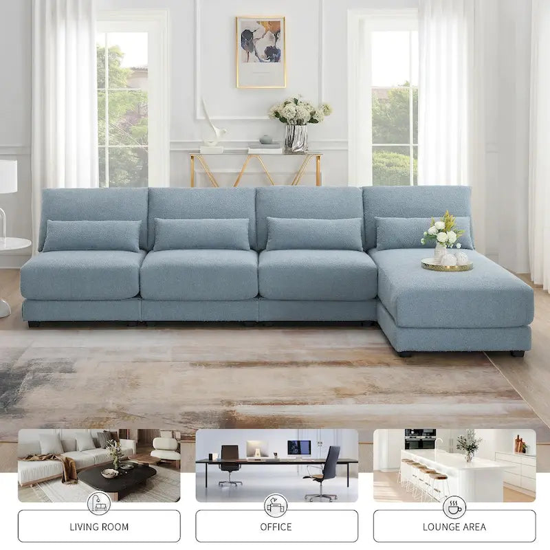 Extra grote hoekbank met diepe zitting en omkeerbare chaise longue, ombouwbare L-vormige bank, blauw
