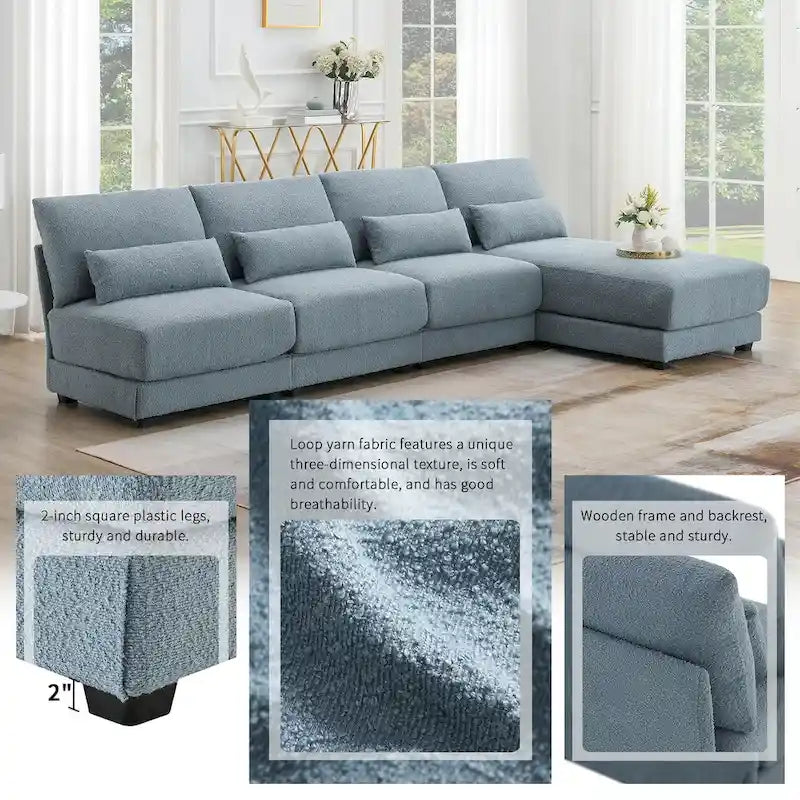Extra grote hoekbank met diepe zitting en omkeerbare chaise longue, ombouwbare L-vormige bank, blauw