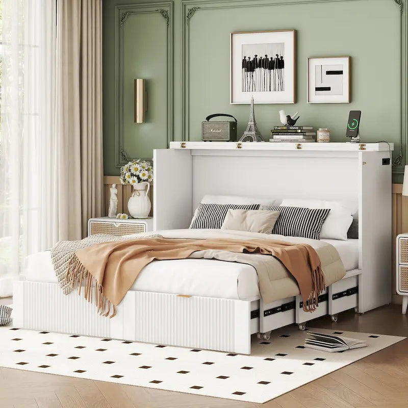 Murphy-wandbed voor een tweepersoonsbed met lade, stopcontacten en USB-poorten