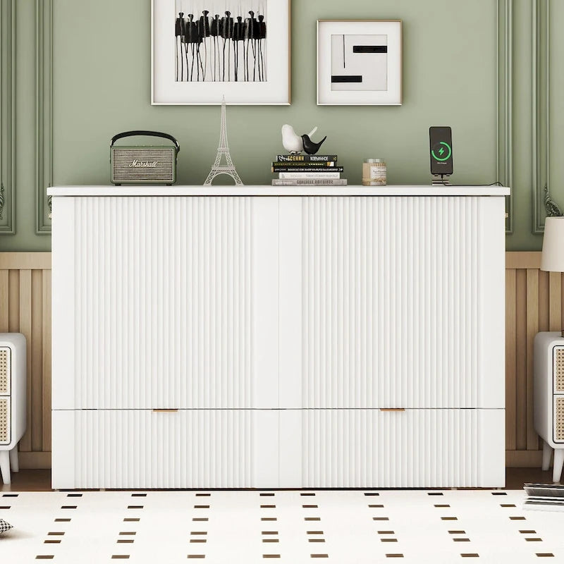 Murphy-wandbed voor een tweepersoonsbed met lade, stopcontacten en USB-poorten