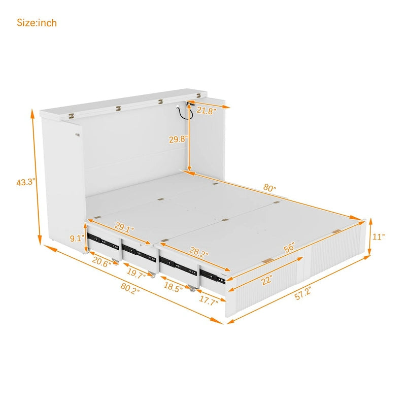 Murphy-wandbed voor een tweepersoonsbed met lade, stopcontacten en USB-poorten