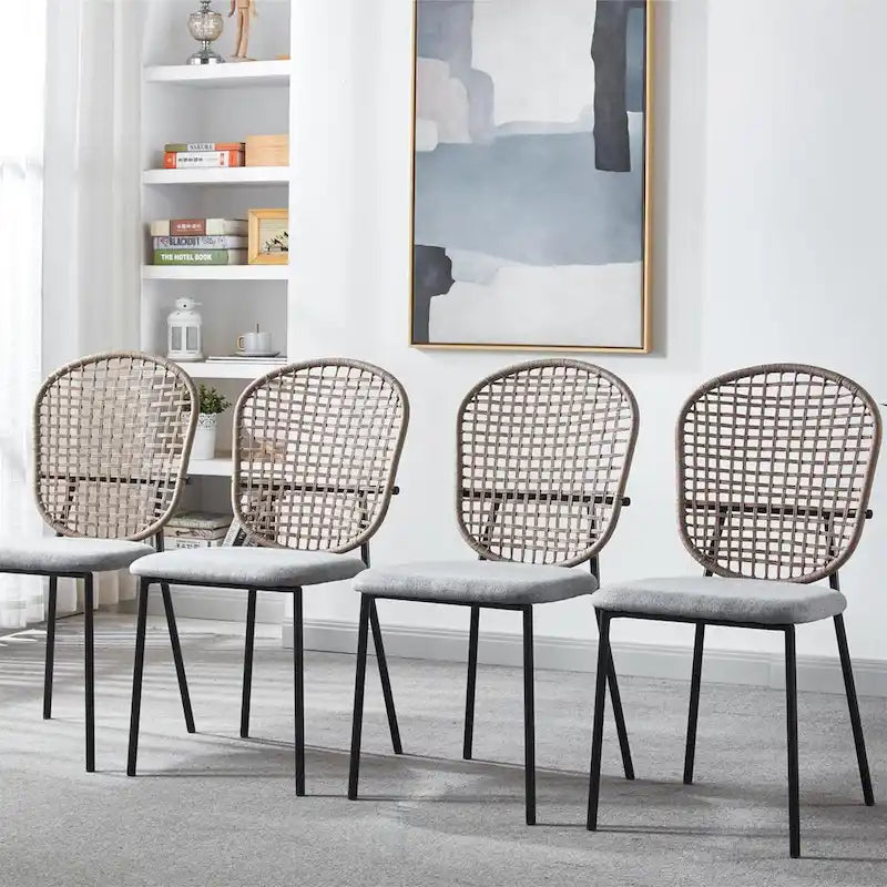 Sedia da pranzo con schienale in rattan grigio, set da 4